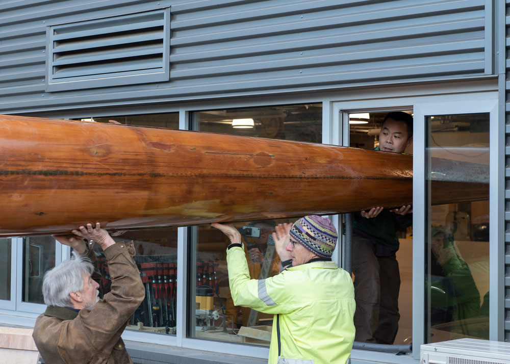 Quinault being transferred through the Woodshop's window