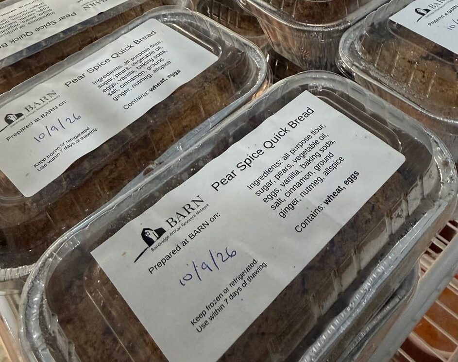 Rows of packaged mini loaves of spiced pear quick bread ready to go to the local food bank.